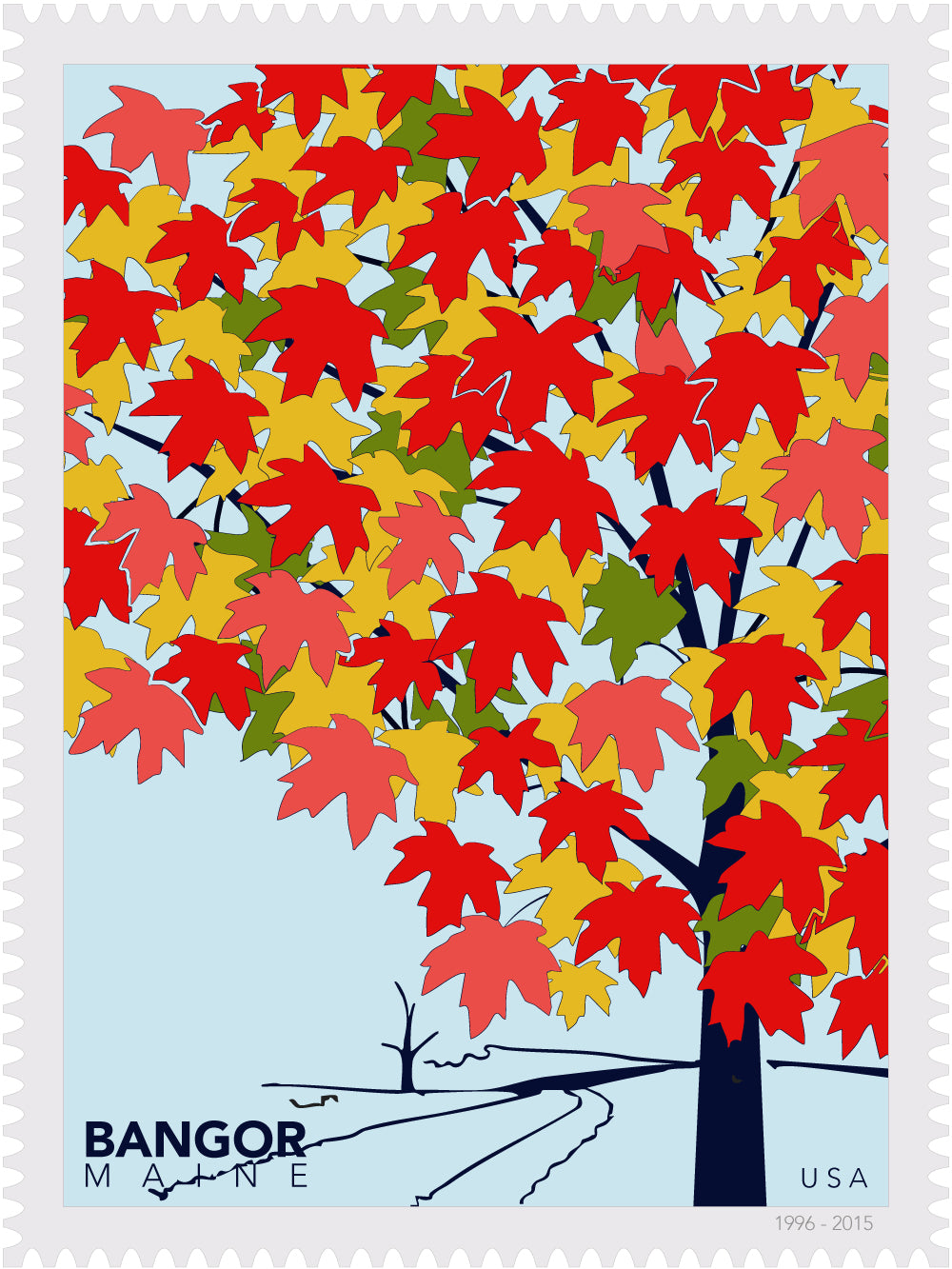 Stylized postage stamp with a colorful tree and 'Bangor, Maine, USA' text on a white background