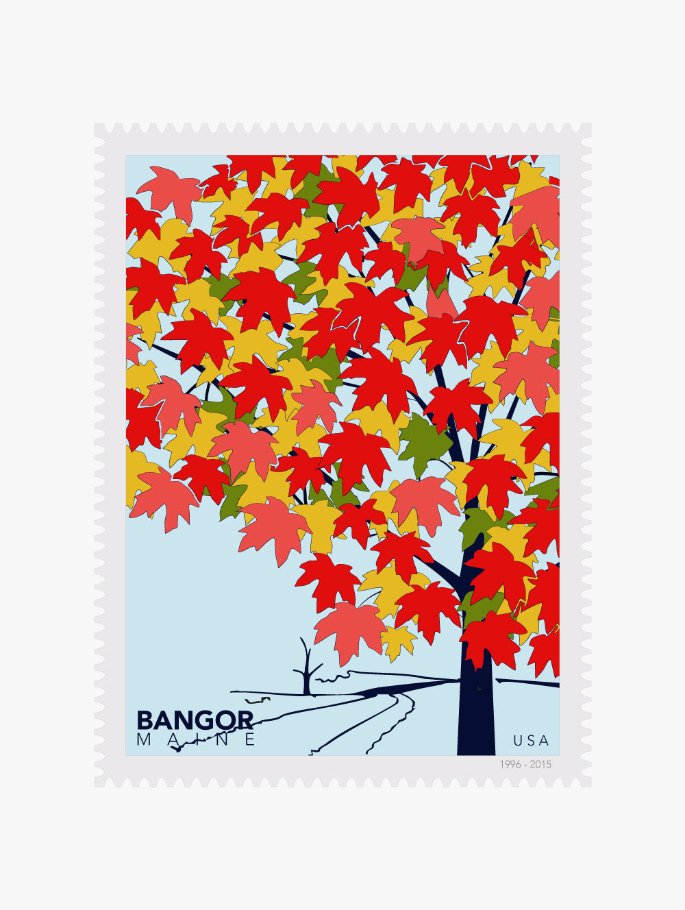 Stylized postage stamp with a colorful tree and 'Bangor, Maine, USA' text on a white background
