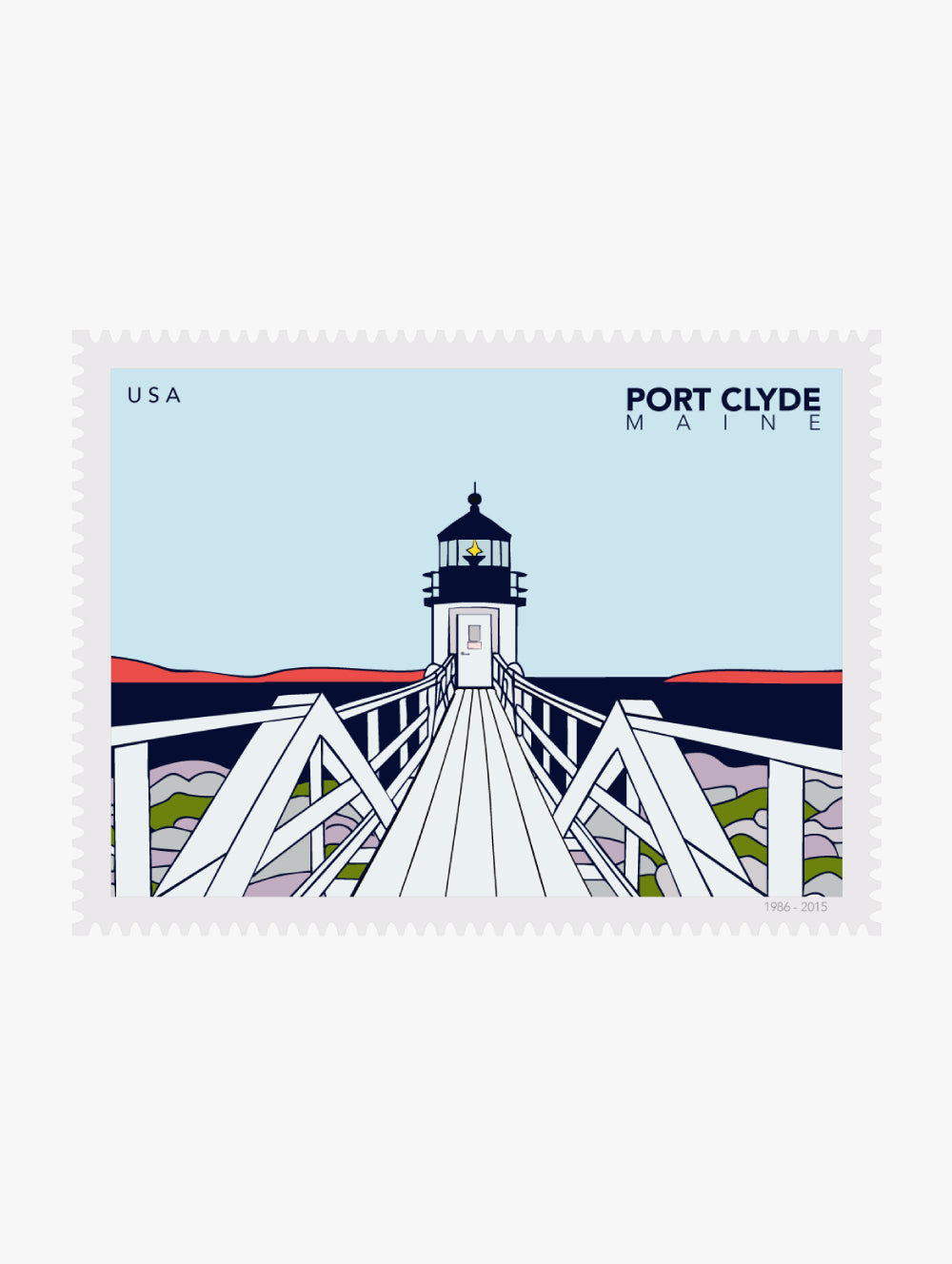Illustration of a lighthouse on a postage stamp with 'Port Clyde, Maine' text.