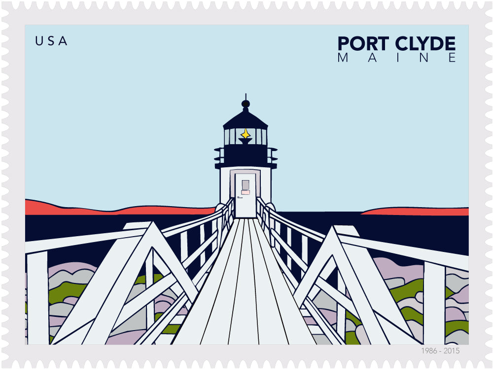 Illustration of a lighthouse on a postage stamp with 'Port Clyde, Maine' text.